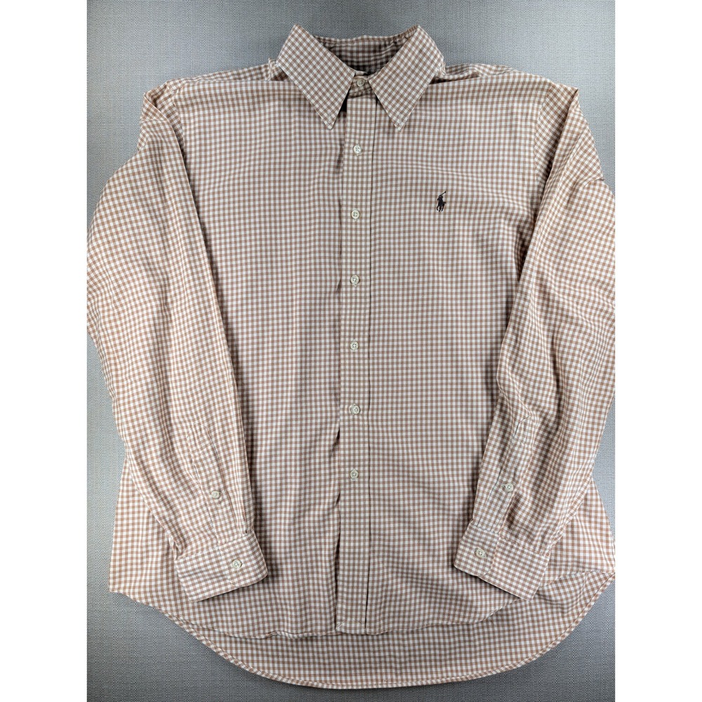 Ralph Lauren Mens XL Classic Fit Tan Gingham Plaid Button Down Shirt Long Sleeve